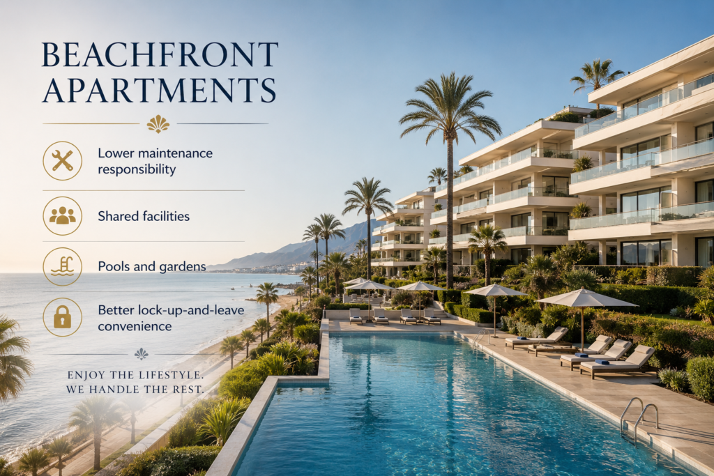 Luxury beachfront apartment complex in Marbella with swimming pool, landscaped gardens and direct Mediterranean Sea views.