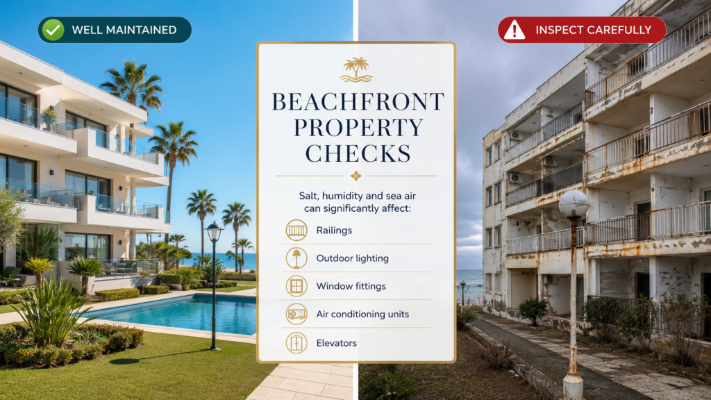 Comparison of a well-maintained and poorly maintained beachfront apartment building in Marbella showing the effects of salt and sea air exposure.