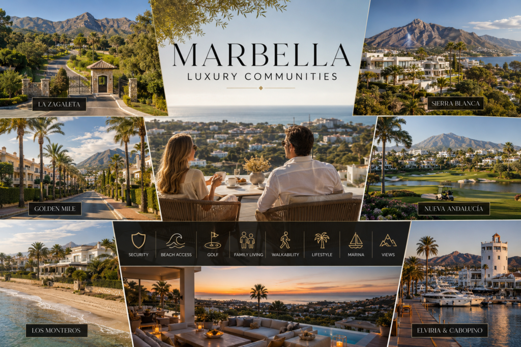 Luxury communities in Marbella including La Zagaleta, Sierra Blanca, Golden Mile, Nueva Andalucía, Los Monteros and Cabopino.