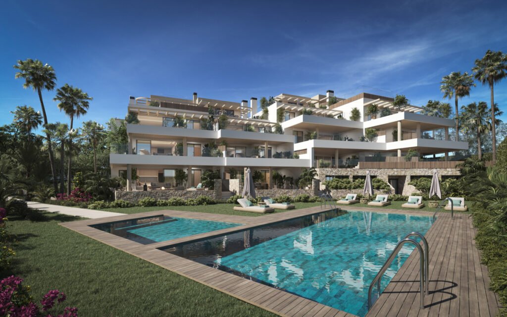 Luxury off-plan apartment development in Cabopino Marbella with swimming pool and tropical gardens.
