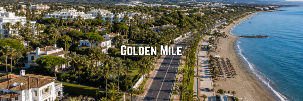 Luxury beachfront villas and palm-lined avenues on Marbella Golden Mile.