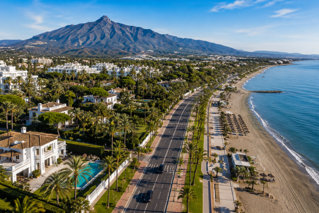 Aerial view of Marbella's Golden Mile showing luxury beachfront villas, palm-lined avenues, Mediterranean coastline and La Concha mountain in the background.