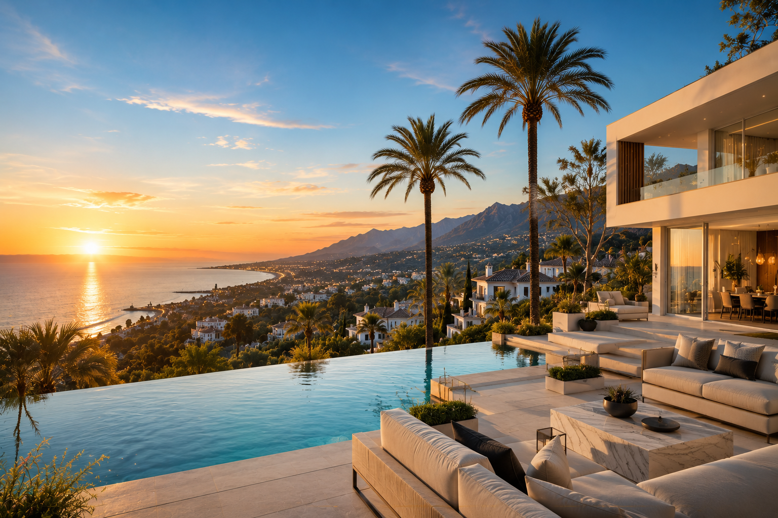 Luxury villa in Marbella with infinity pool, Mediterranean Sea views, palm trees and La Concha mountain at sunset.