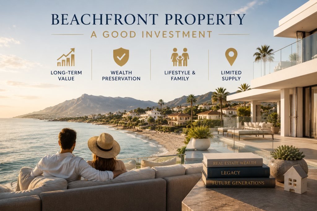 Luxury beachfront villa in Marbella overlooking the Mediterranean Sea, representing long-term wealth preservation and lifestyle investment.