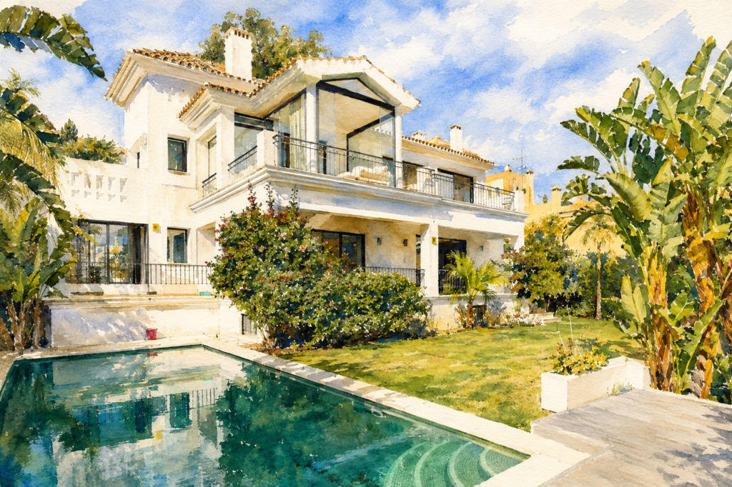 Watercolor painting of a luxury Marbella villa with swimming pool, tropical garden and Mediterranean architecture.