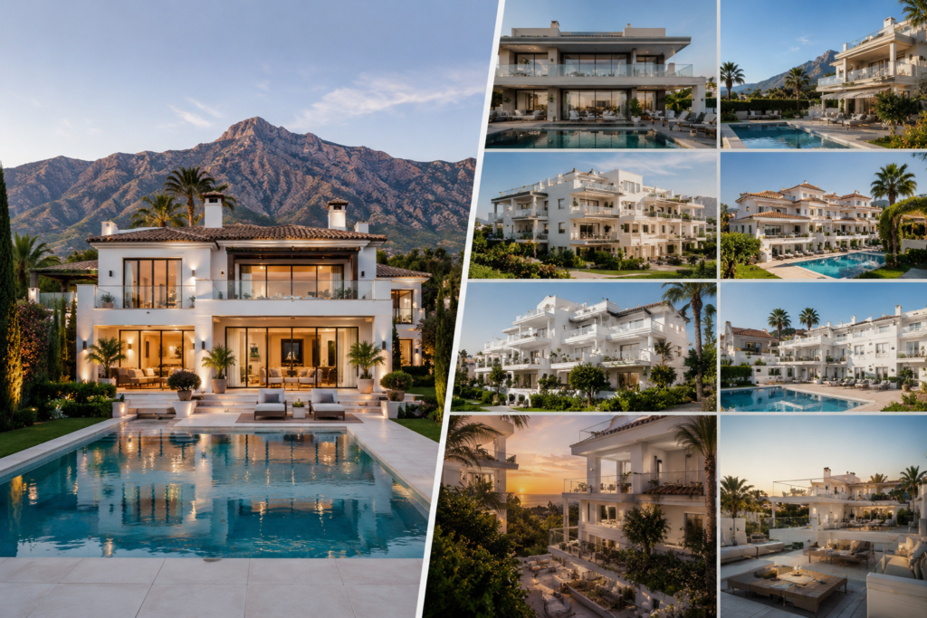 Comparison of a luxury Marbella villa and multiple apartment investments illustrating different real estate portfolio strategies.
