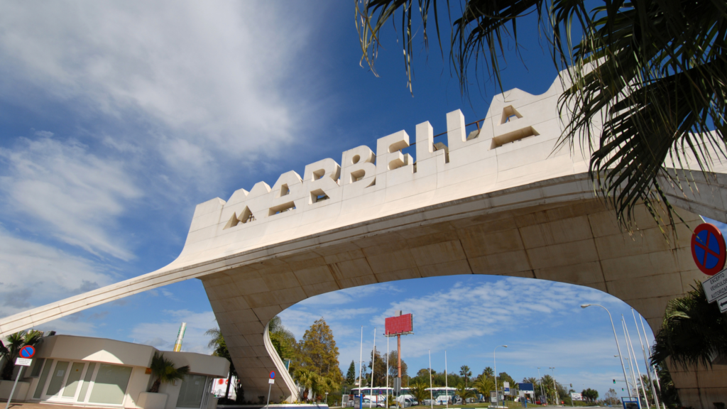 The iconic Marbella entrance sign welcoming visitors to Marbella on Spain's Costa del Sol.