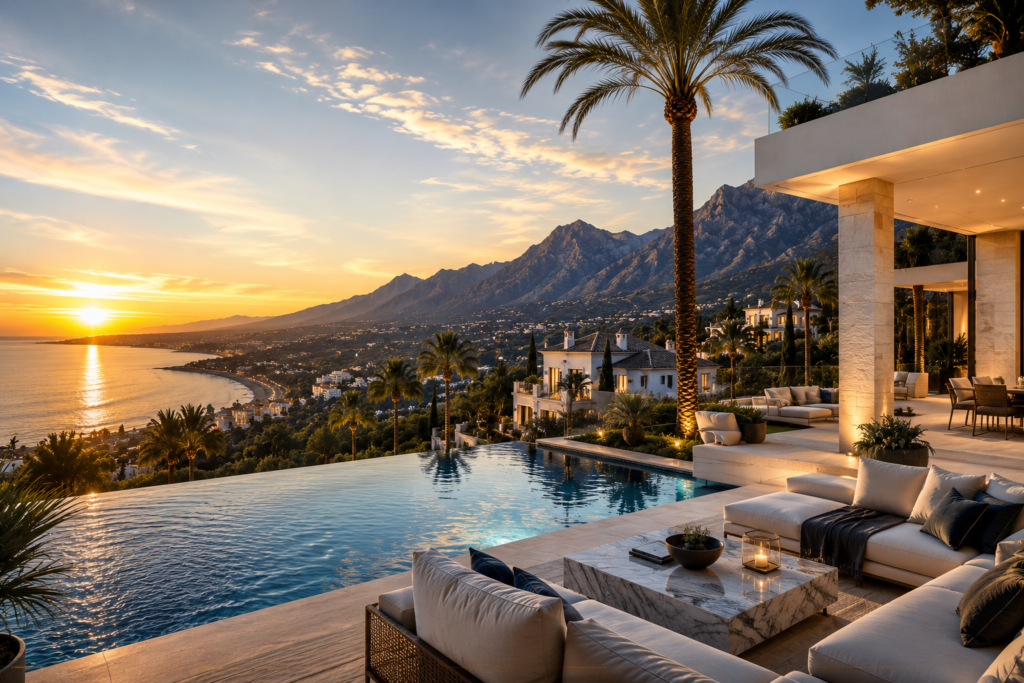 Luxury villa terrace overlooking Marbella coastline at sunset with infinity pool, Mediterranean Sea views and La Concha mountain backdrop.