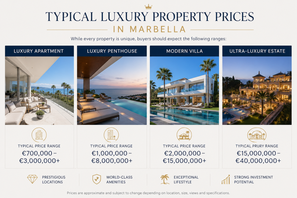 Luxury property price guide for Marbella showing typical price ranges for apartments, penthouses, villas and ultra-luxury estates in 2026.