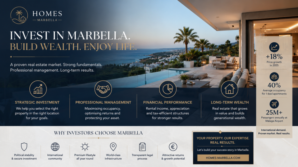 Luxury Marbella villa infographic highlighting professional property management, long-term wealth creation and investment performance.