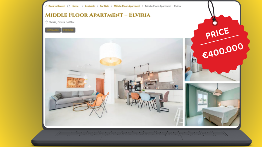 Modern three-bedroom apartment for sale in Elviria Marbella featuring open-plan living areas and priced at €400,000.