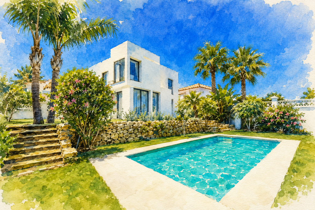 Watercolor painting of a modern Marbella villa with swimming pool, palm trees and landscaped Mediterranean garden.