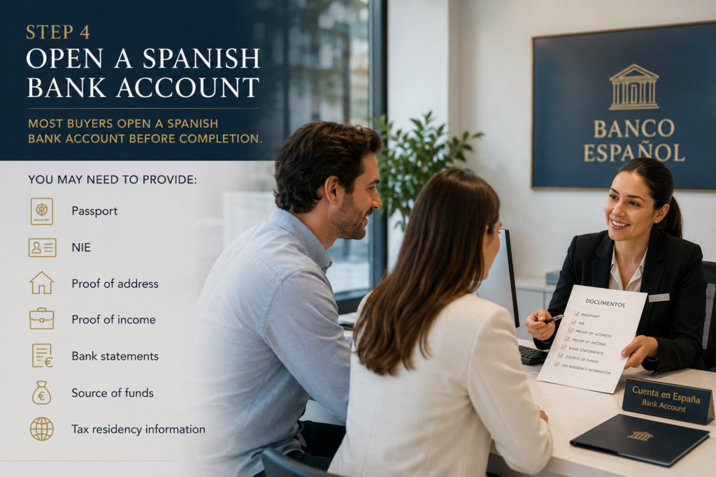 Foreign property buyers opening a Spanish bank account and reviewing required documents before purchasing property in Marbella.