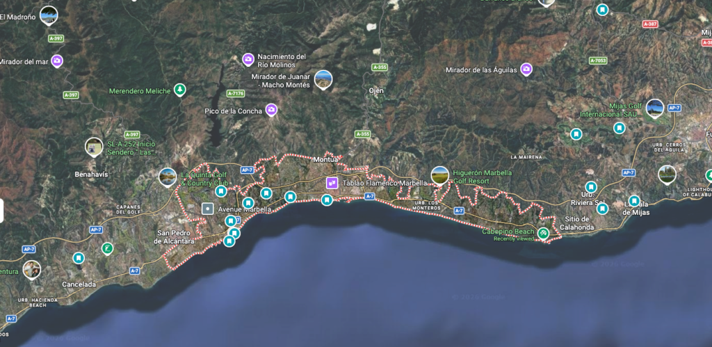 Satellite map of Marbella municipality on the Costa del Sol showing San Pedro de Alcántara, Marbella Centre, Río Real, Los Monteros, Elviria, Cabopino, Benahavís and surrounding residential areas.