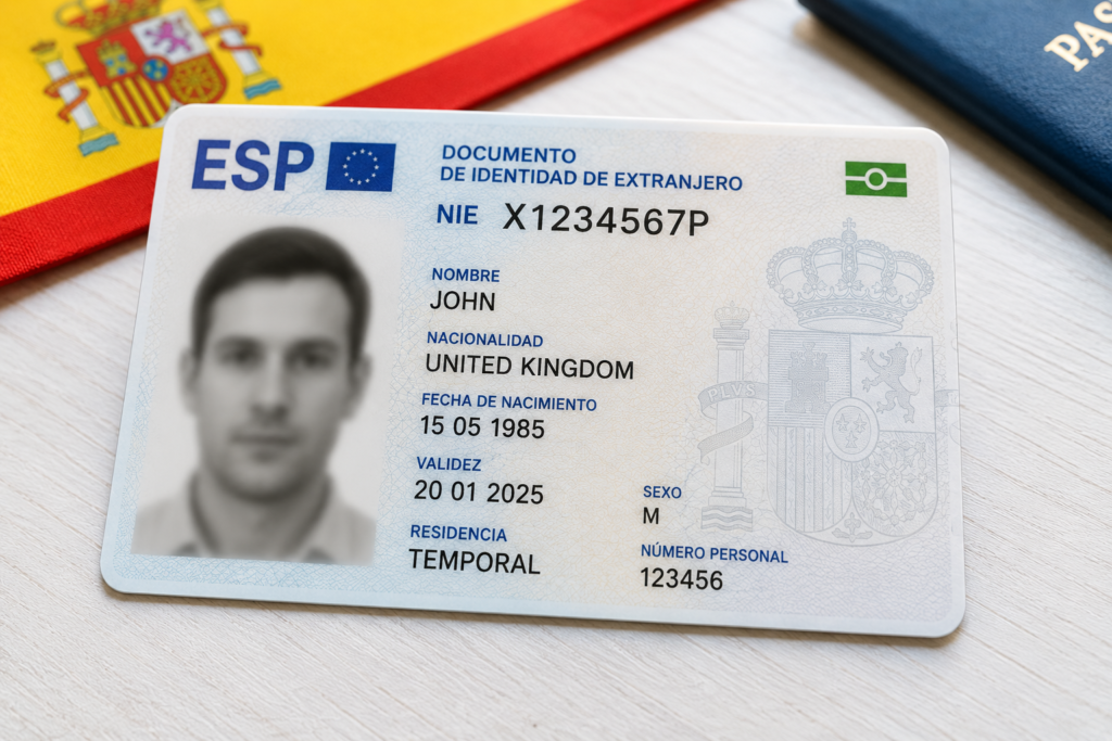 Spanish NIE number document next to a passport and Spanish flag, required for foreign property buyers in Spain.