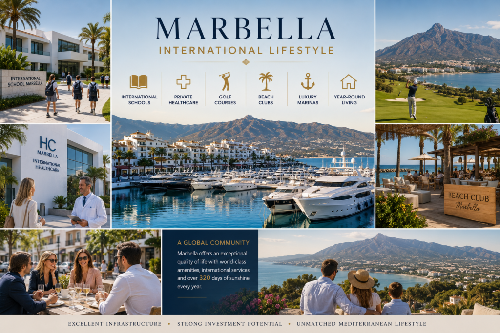 International lifestyle in Marbella featuring luxury marina, golf courses, international schools, private healthcare and Mediterranean coastal living.