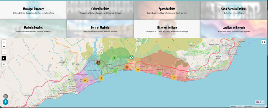 Interactive map of Marbella showing municipal districts, beaches, ports, public facilities, historical heritage sites and local services across Marbella municipality.