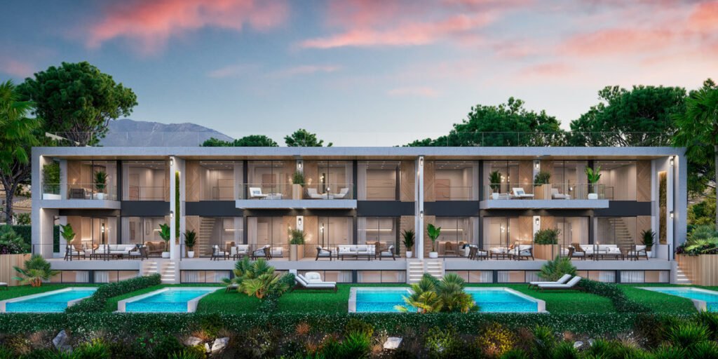 Modern luxury townhouses in Marbella with private pools, landscaped gardens and contemporary architecture.